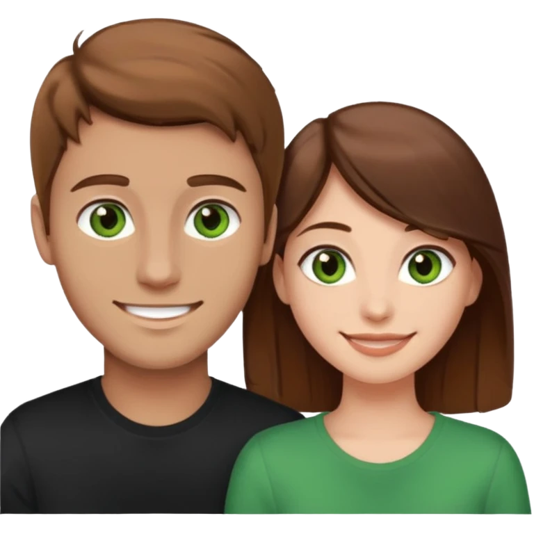 A boyfriend with light brown hair and green eyes next to his girlfriend with dark brown hair and dark brown eyes both are white emoji