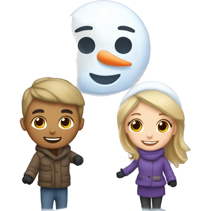 White Couple boy and girl building snowman  emoji