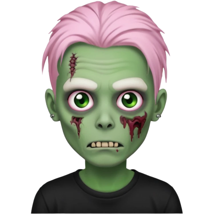 Zombie boy, green skin, white dreads medium long, pink eyes, black tshirt emoji