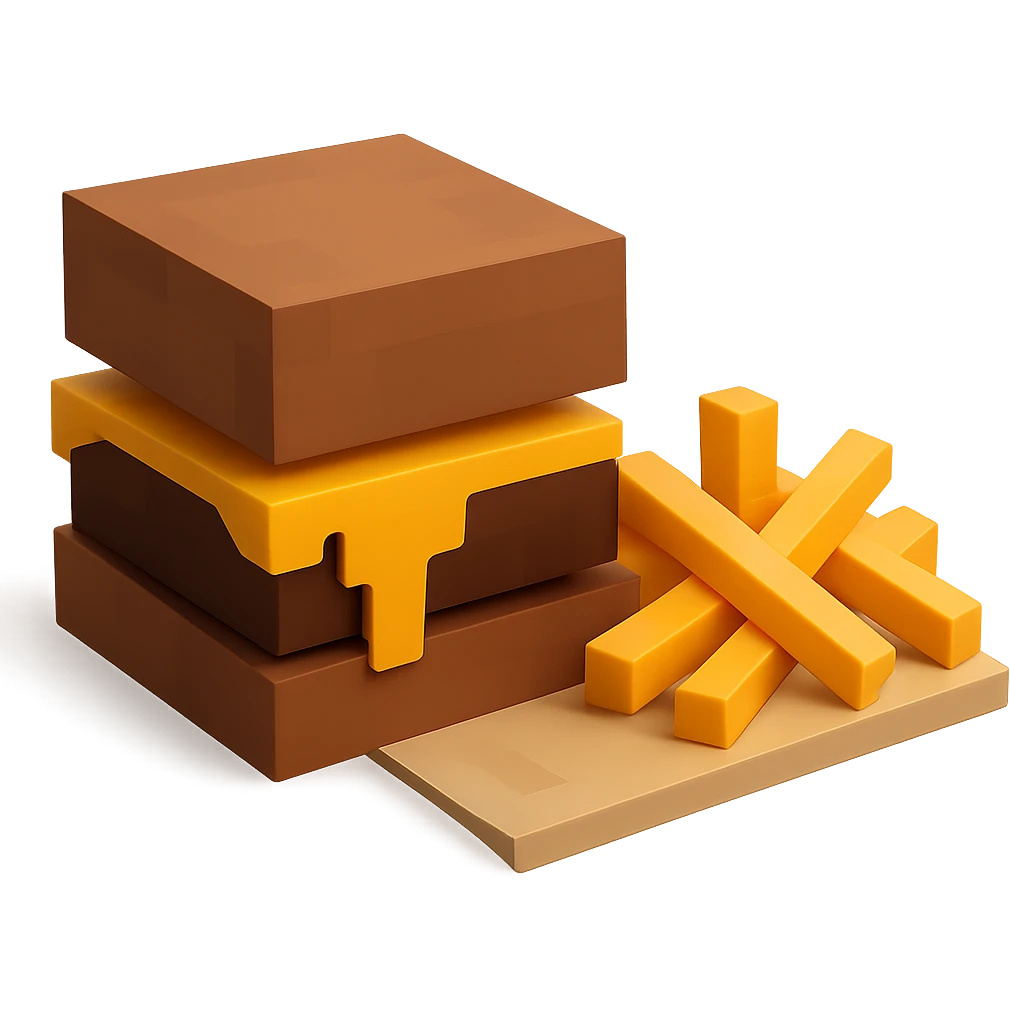 A cheeseburger with melting cheese and a side of crispy fries, minimalist 3D blocks design emoji