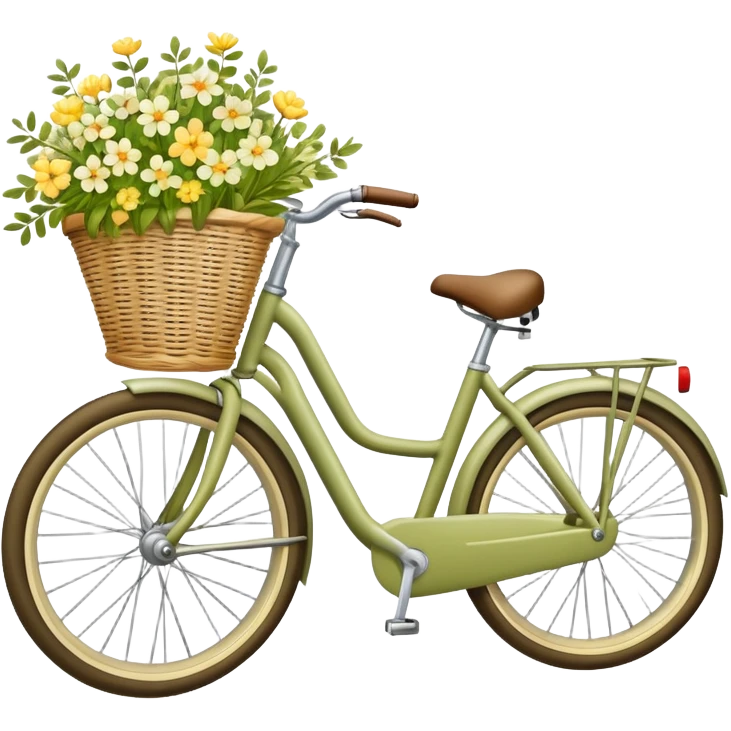 A pale olive bike with a basket and flowers in it emoji