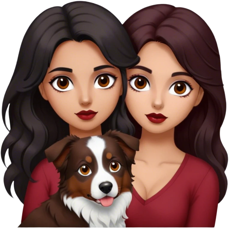 latina girl with long beautiful dark hair and dark eyes in a dark red v neck and makeup with a black brown and white tri Australian shepherd large emoji