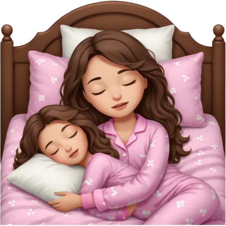 Brunette girl with long wavy brown hair with brown eyes and sleeping on a withe bed with cute pink pjs (just one girl) and with closed eyes emoji