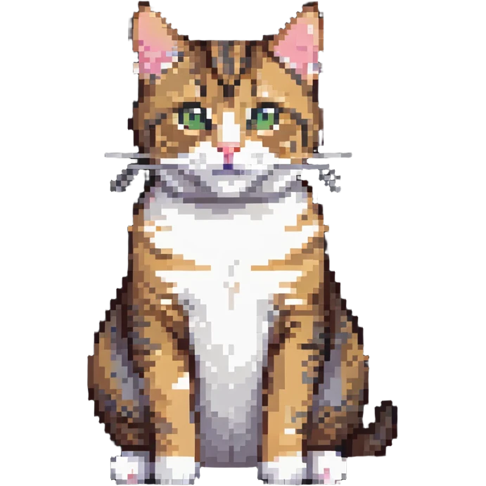Cute tabby cat with white stomach, pixelated style, sitting to show white belly emoji