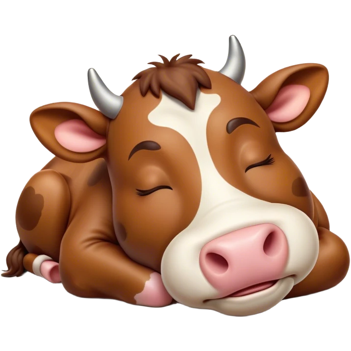 Meme-Worthy Cute Sleeping Brown Cow Portrait Emoji, Head resting peacefully with a contented smile, showcasing a robust build and a luxuriously soft deep brown hide, eyes shut in a serene, restful nap, Simplified yet hilariously adorable features, highly detailed, glowing with a soft, drowsy light, high shine, relaxed and utterly lovable, stylized with an air of playful laziness, bright and heartwarming, soft glowing outline, capturing the essence of a comically sleepy cow, so meme-worthy it feels like it could instantly become the next viral sensation of adorable slumber! emoji
