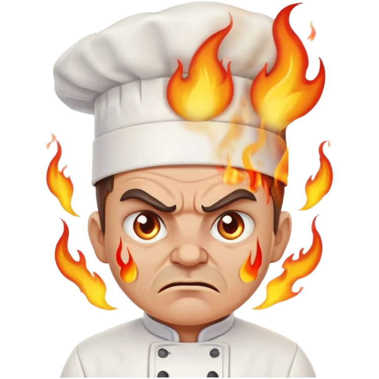 angry chef with flames coming out of eyes, cooking with passion emoji
