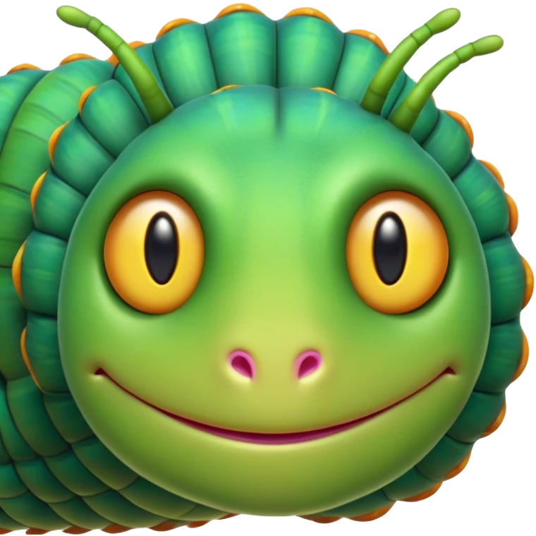 Cinematic Noble Caterpillar Portrait Emoji, Poised and vibrant, with a segmented, gently curving body adorned in bright, lively hues and delicate, inquisitive eyes, Simplified yet charmingly detailed features, highly detailed, glowing with a soft, verdant radiance, high shine, intelligent and resilient, stylized with an air of natural transformation, focused and curious, soft glowing outline, capturing the essence of a watchful caterpillar that appears ready to inch out of the screen with gentle determination! emoji