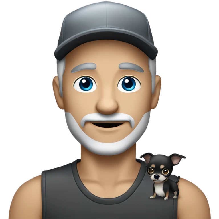 blue eyed man, with grey hair,  grey goatee, wearing ball cap, holding ‘a black long hair chihuahua’ emoji