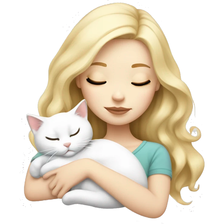 White girl blonde hair sleeping with white kitty with black spots emoji