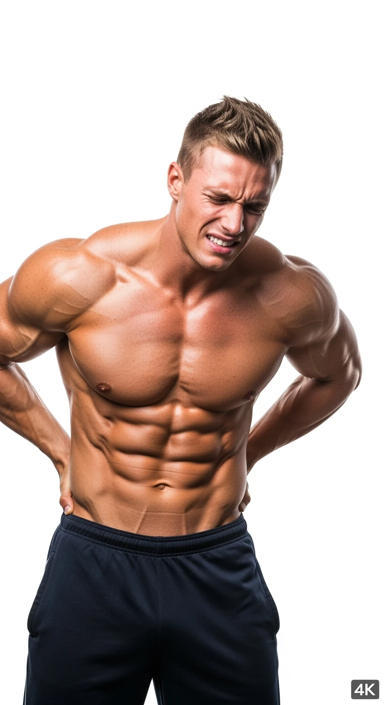 BODYBUILDER CHE SI INDICA I FIANCHI CON ESPRESSIONE AFFLITTA, ISOLATO SU SFONDO BIANCO, IPERREALISTICI 4K emoji