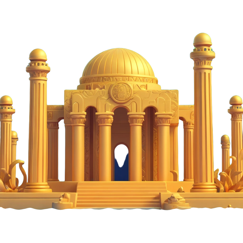 expansive golden underwater base with Anunnaki motifs, several domes and pillars, full architectural view emoji