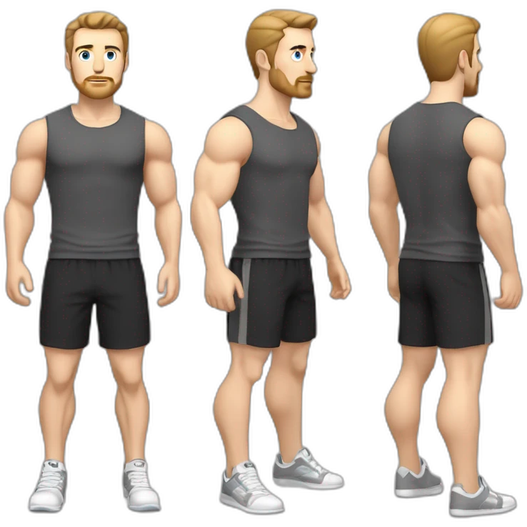 Full height Pale skinned fit man With biceps, Realistic eyes and mouth, light brown hair and stubble In dark gray sleeveless mike, black oversize sports shorts, watch and white sneakers. emoji
