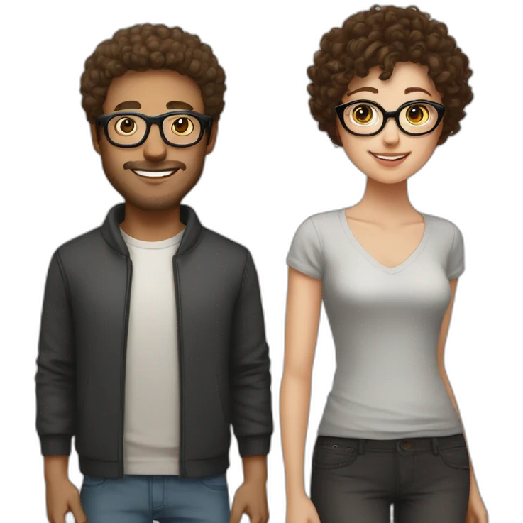 couple, white girl with round silver glasses and really short brown curly hair, tall man with brown round glasses and short curly brown hair emoji