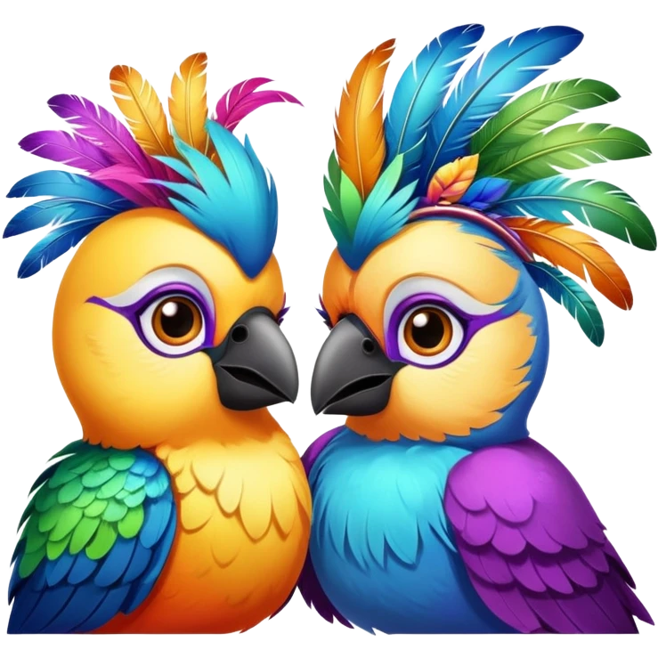 two birds gossiping while dressed in ￼colorful accoutrement emoji