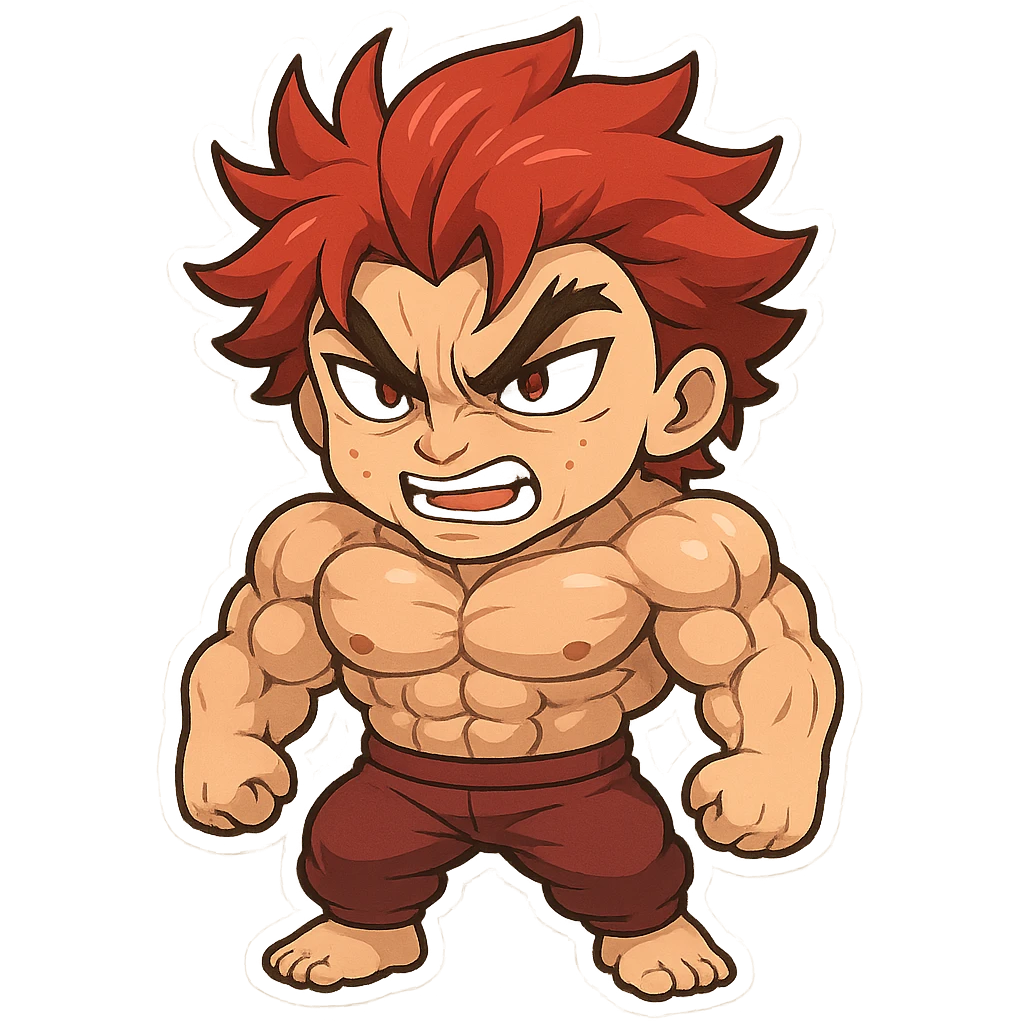 Yujiro Hanma stylized as a chibi character, exaggerated muscles, red spiky hair, fierce expression, cute cartoon style emoji