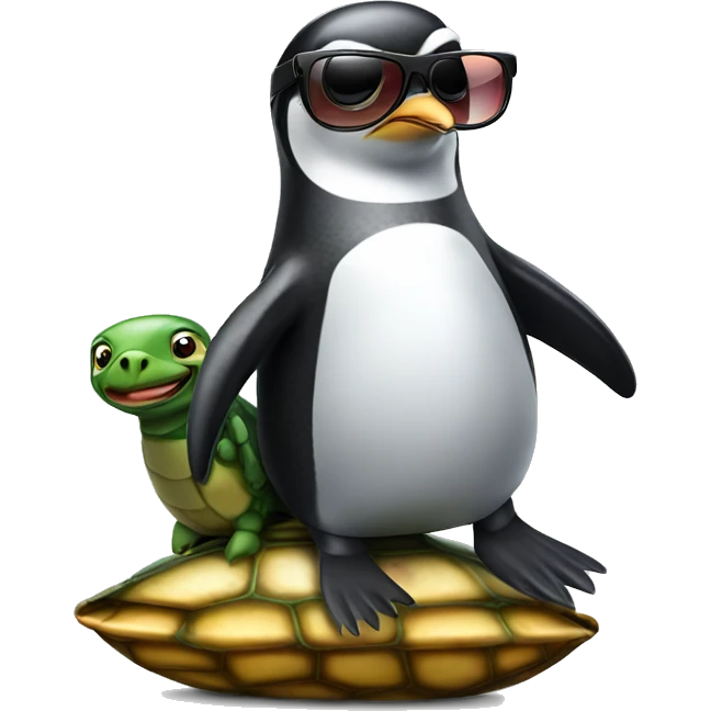 A penguin wearing sunglasses riding a turtle emoji