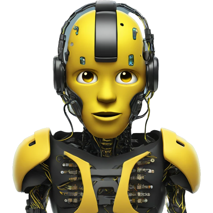 Black and yellow cyborg head with football helmet and circuits emoji
