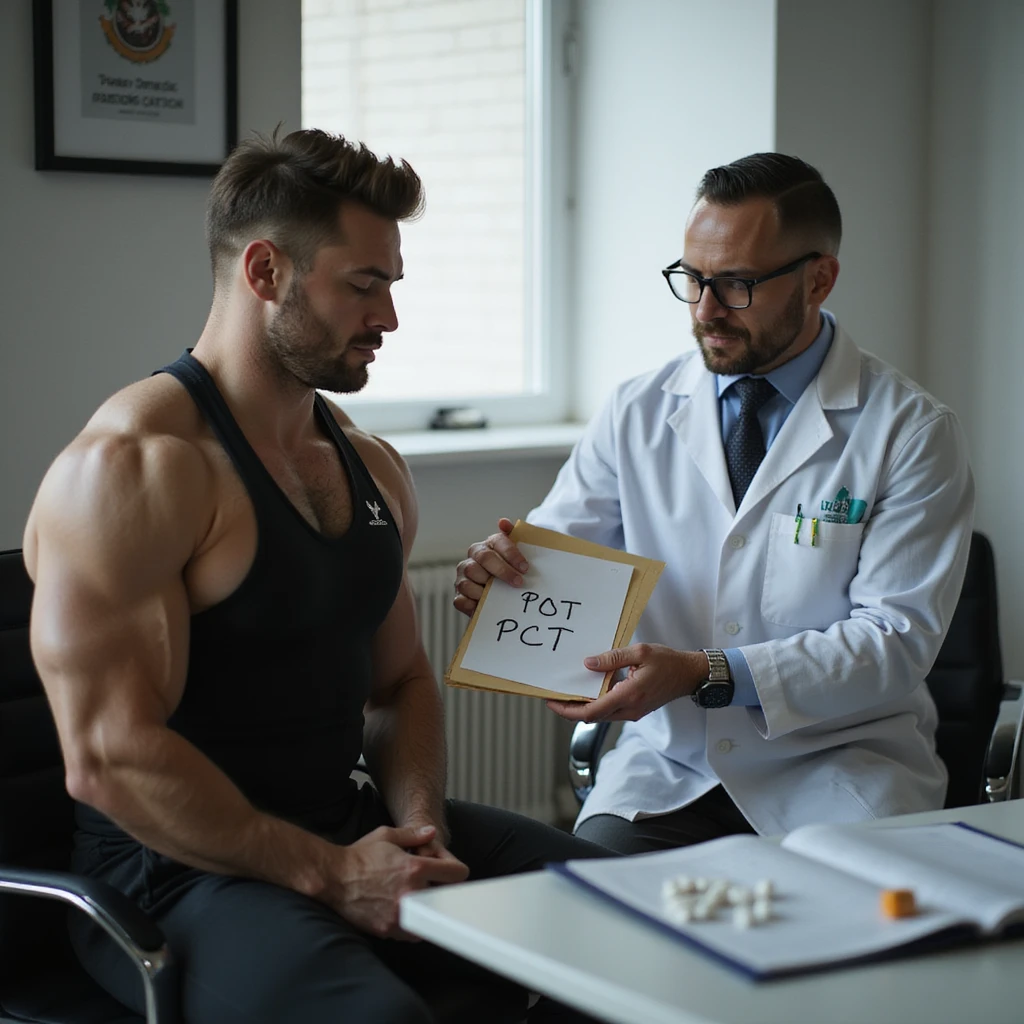 realistic scene of male bodybuilder in sportswear sitting in a medical office, doctor in white coat showing a folder with 'PCT' written on it, post cycle therapy drugs on the table, professional and realistic atmosphere emoji