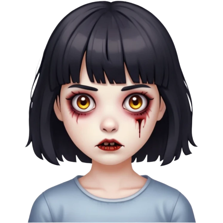 faça uma menina zumbi de cabelo curto ondulado e franja lisa, a franja também é meio curta, cabelo preto  emoji