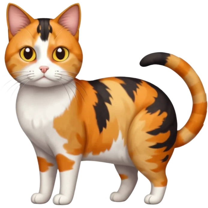 full body colourful calico tabby cat with skinny head and fat body with an anxious face emoji