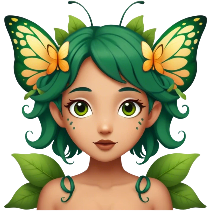 Cinematic Realistic Forest Fairy Portrait, head tilted playfully and inquisitively, showcasing a nature-inspired form with intricately detailed, sunlit tanned skin and cascading dark green hair interlaced with leaves and blossoms showing her large butterfly wings from her back. Her bright, curious eyes sparkle with forest mischief, rendered with lifelike clarity and warm, dappled lighting that captures the spirit of an enchanting woodland fairy ready to dance among the trees. emoji