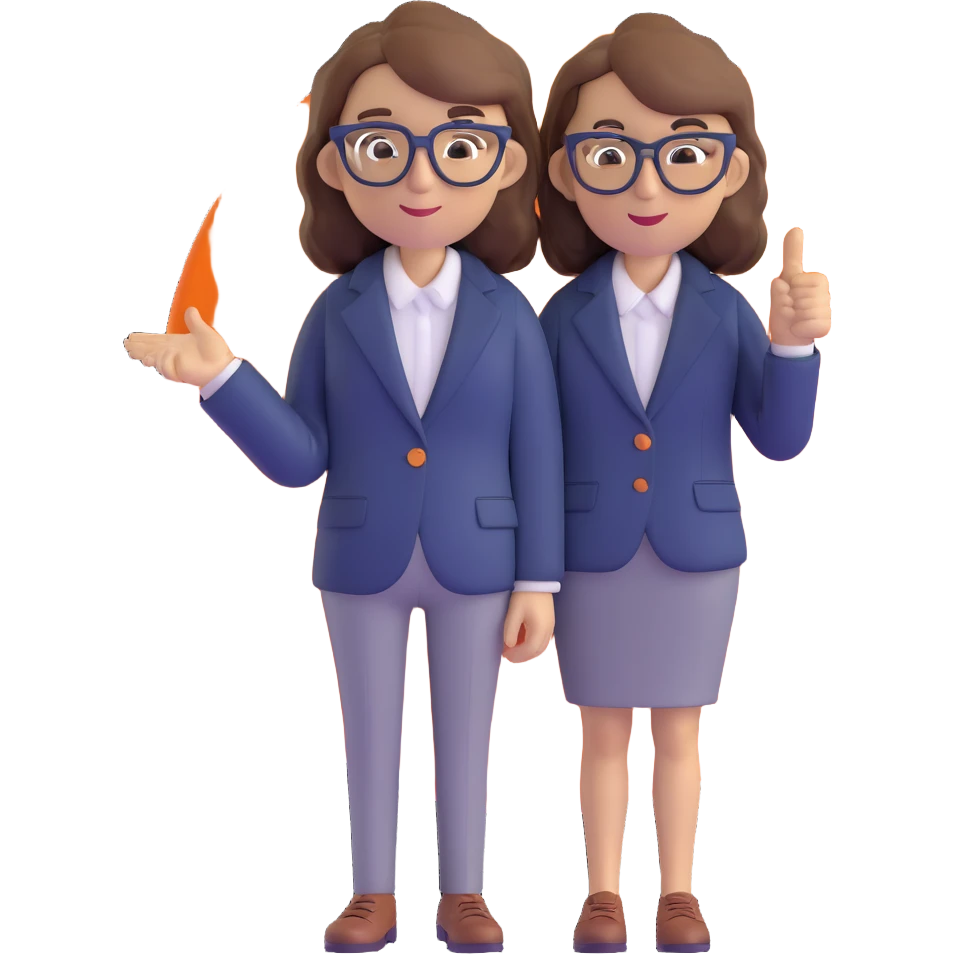 Economics professional mascot character with shoulder-length wavy brown hair, stylish glasses, navy blazer, pointing at economic symbols, full body view emoji