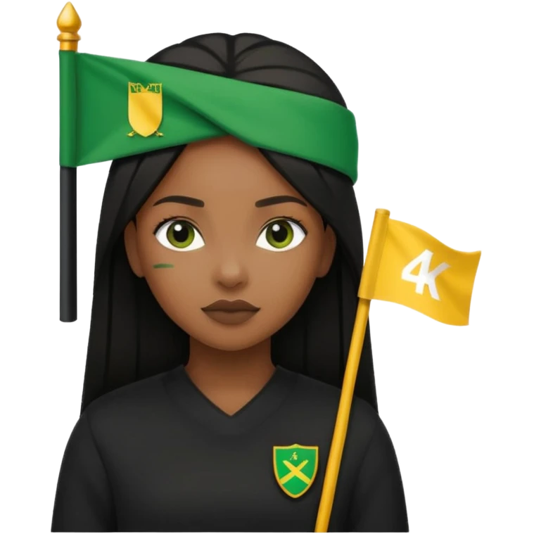 Black girl with straight hair with a green flag on her head that says 4kt on top of it with all black clothes on  emoji