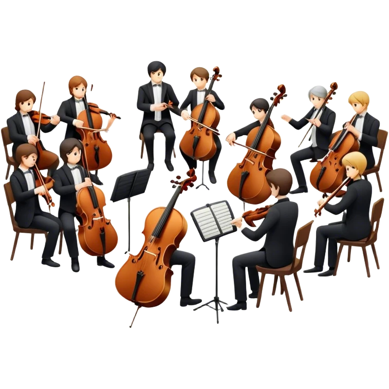Icon for Classical Music: chamber orchestra with 4-5 musicians playing string instruments (violins, violas, cellos) and a conductor leading the ensemble. The intimate, refined atmosphere. Transparent background. emoji