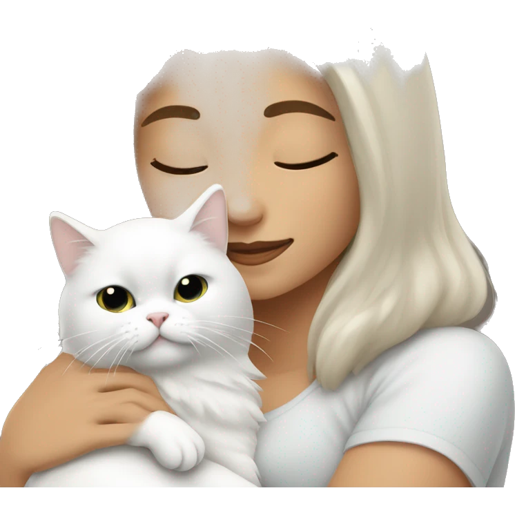 Brunette woman snuggling white Persian cat emoji