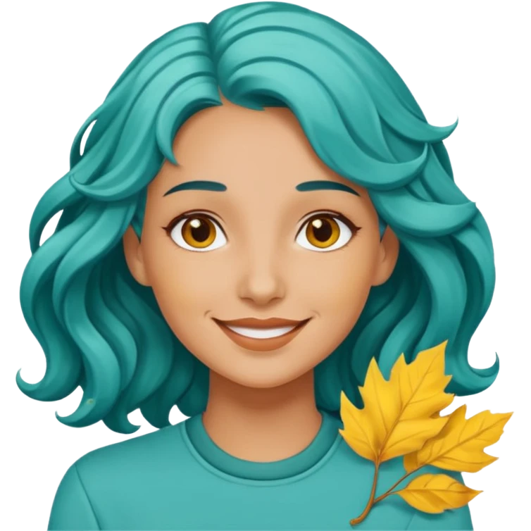 A woman with wavy teal hair decorated with yellow leaves, looking forward with a gentle smile. emoji