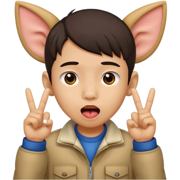 a boy with asian eyes holding his ears with 2 fingers and with his tongue out emoji