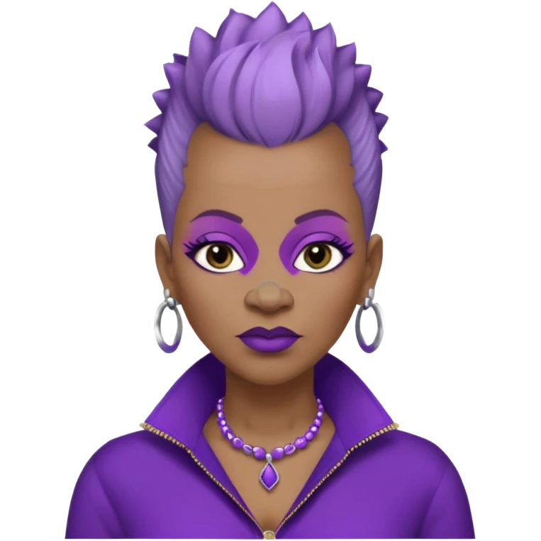 57yr old Qeen black woman with a natural hair mohawk style haircut adorning purple royalty clothing and purle lipstick and lightly colored eyeshadow, with a nose studs on each nostril  emoji