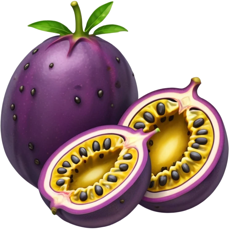 whole round purple passion fruit with slightly wrinkled matte skin next to halved piece showing vibrant yellow pulp with glossy black seeds juicy jelly-like texture bold contrast between rind and interior no leaf spoon or extras soft lighting subtle shadows emoji scale emoji