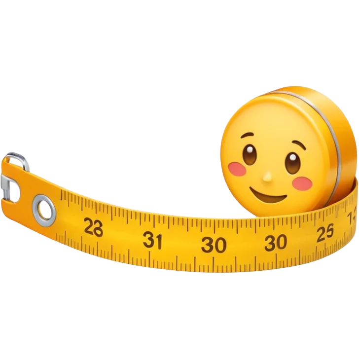 Cute emoji-style measuring tape roll, yellow color with orange highlights, soft edges, small eyes and smile for fun cartoon effect, simple emoji icon style. emoji