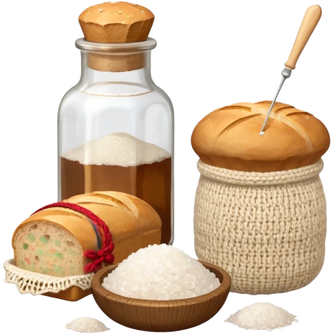 a one victorian bottle of salt and a loaf of bread - a bread bag, crochet needles and a ball of wool emoji