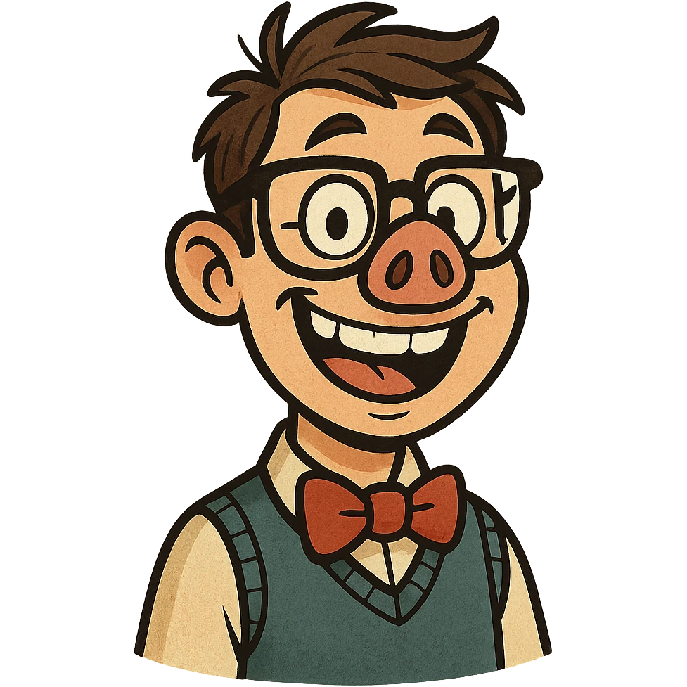 a geeky character with a pig nose and bow tie, cheerful expression emoji