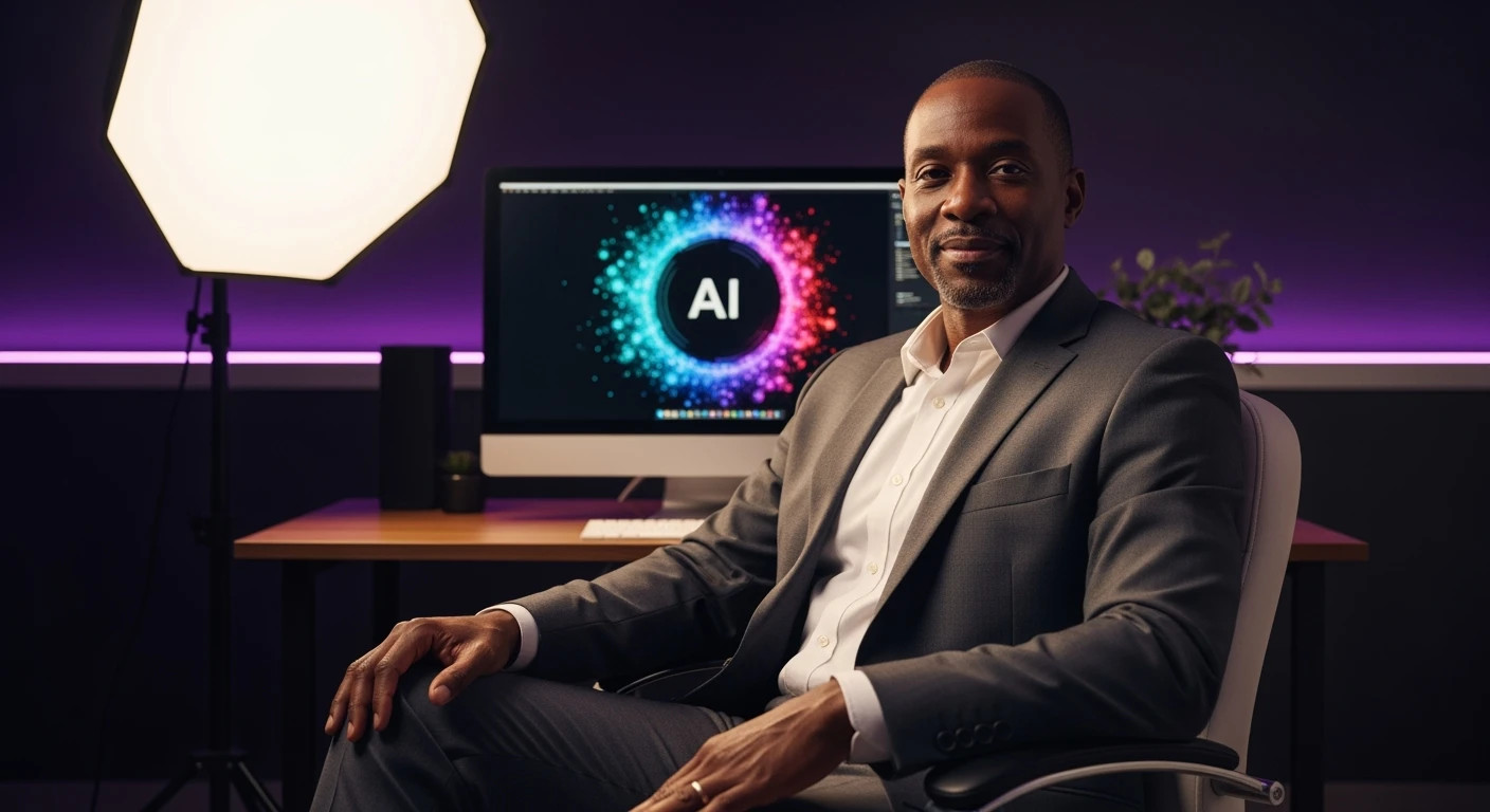 Course thumbnail, Photo of a business sitting on chair looking at camera, in background is computer with AI art on it, white softbox key light, environment is dark background but have proffesiona purple ambilight and leading lines, image feels proffesional and clean, rule od thirds emoji