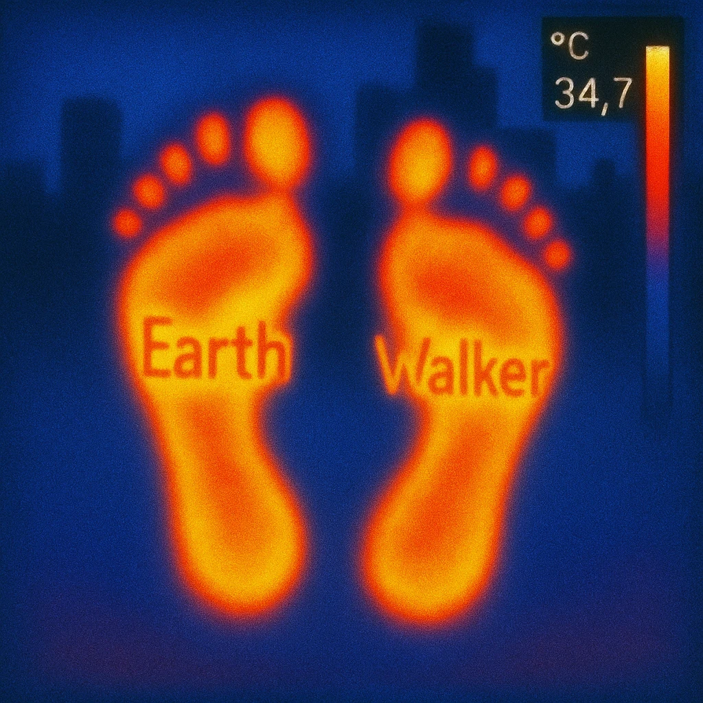 a footprint logo with the text Earth on the left footprint and Walker on the right footprint with an urban background emoji
