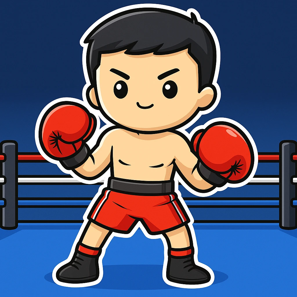 Add a boxing ring background to the boy with boxing gloves in sticker style, cartoonish and bold with clear outlines and vibrant colors. emoji