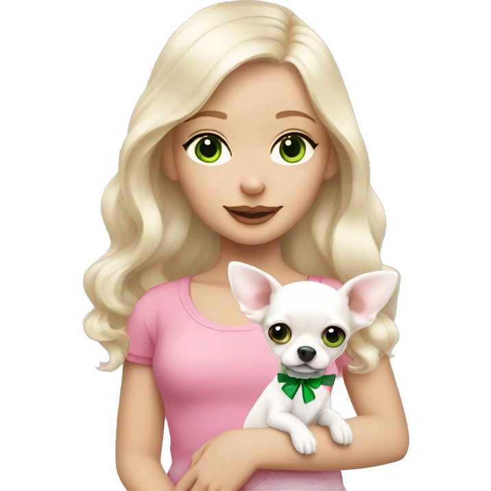 pale blond girl with wavy long platinum hair with green eyes holding a white chihuahua puppy that wearing a pink bow emoji