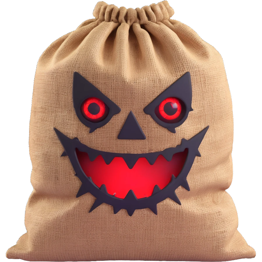 terrifying burlap sack face with jagged stitches and glowing red eyes emoji