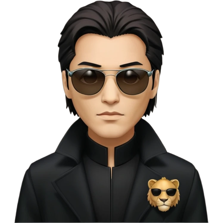 Neo from the Matrix with a lion head, wearing black sunglasses and a long black coat emoji
