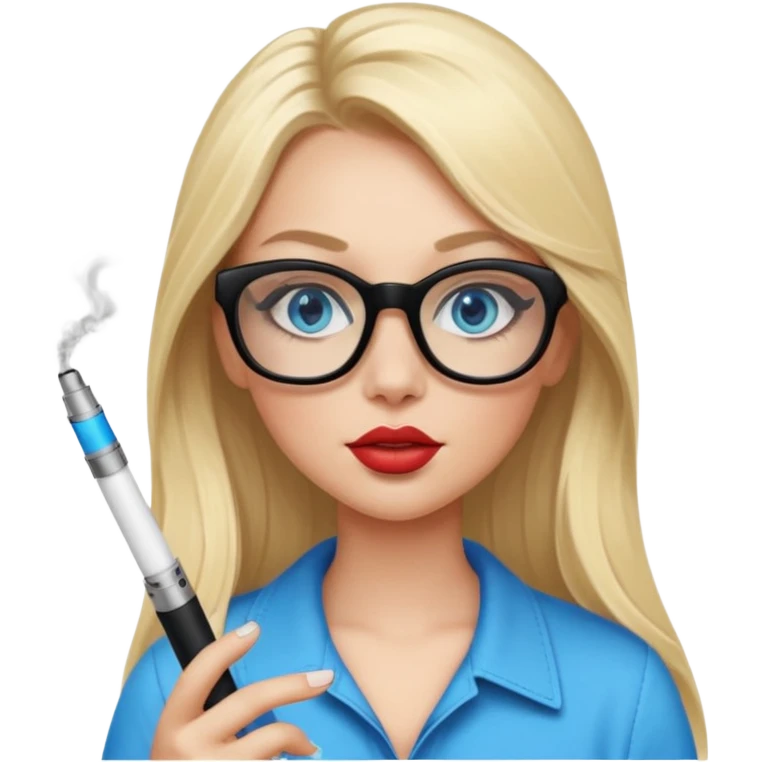 girl with blue eyes, blonde ling hair, black squared glasses, big lips, long eyelashes, and an electronic cigarette in her right hand emoji