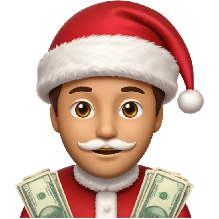 A confident rich emoji face wearing a Santa hat, money stacks, casino vibe, New Year theme, premium 3D emoji style, sharp details, no text, isolated on transparent background emoji
