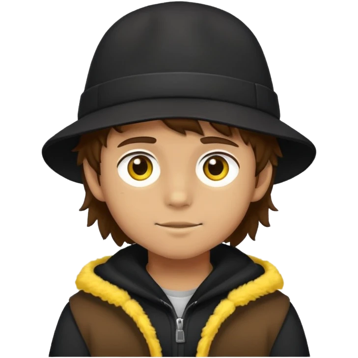 boy with fluffy brown hair wearing a black hat with yellow accents emoji