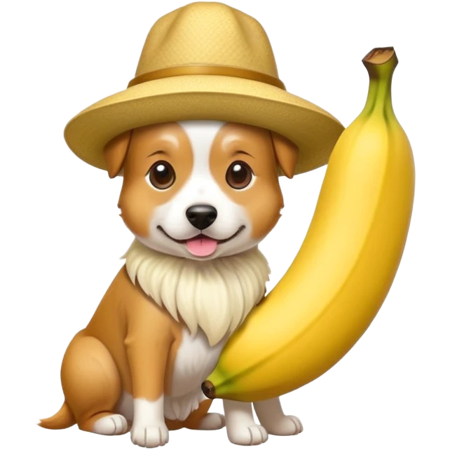 Dog wearing a hat shaped like a banana emoji