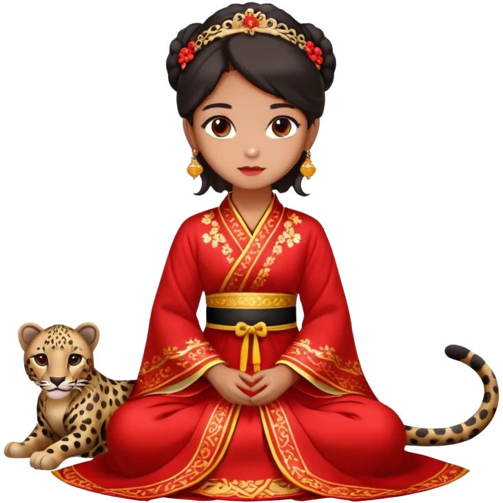 A beautiful girl in red Hanfu wedding dress sits on the ground holding a black leopard emoji