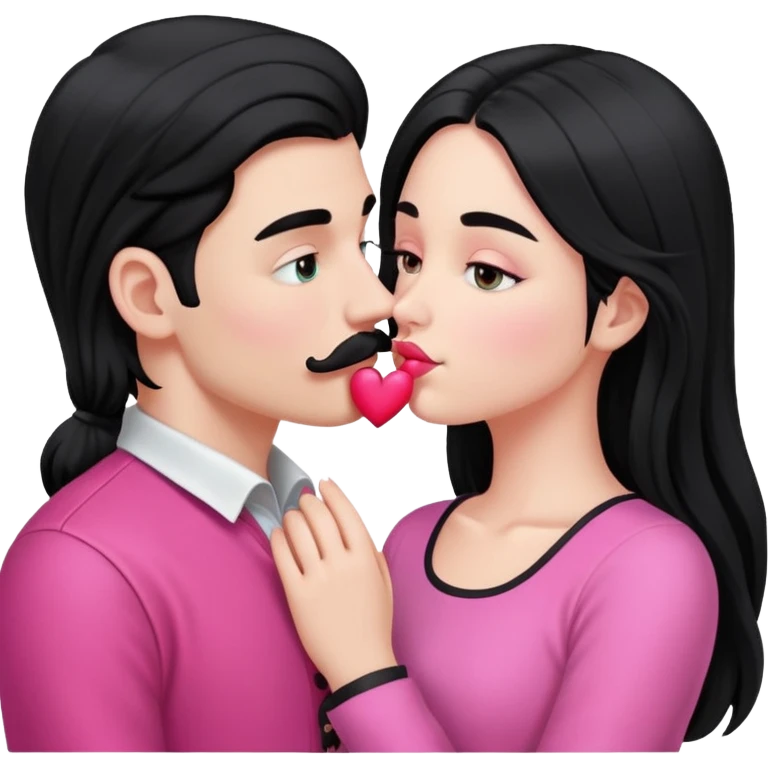 White boy with black mustache kissing white girl with long black hair in pink clothes emoji