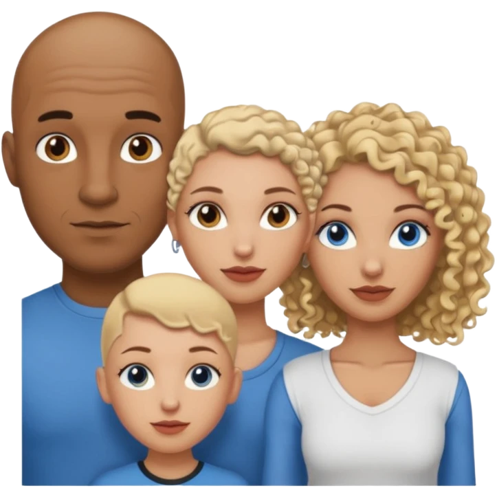 tattooed covered bbald brown eyed male with blonde haired blue eyed big boob female with brunette curly haired brown eyed big boob female throuple  emoji