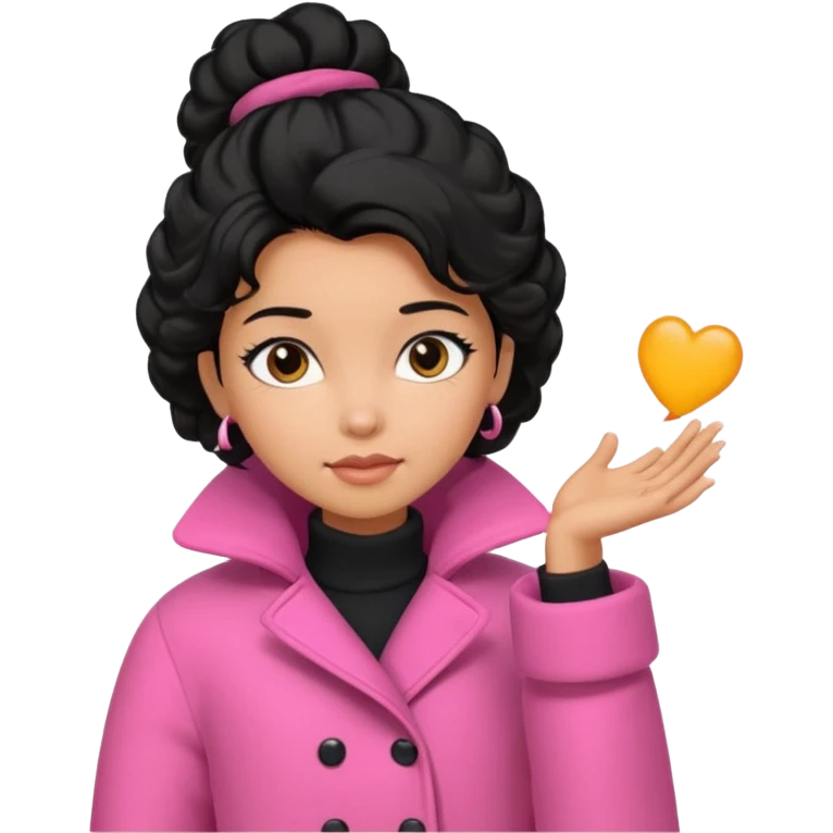 A caramel skinned girl that’s has puffy black hair with her hair up skinny and wears a pink coat  emoji